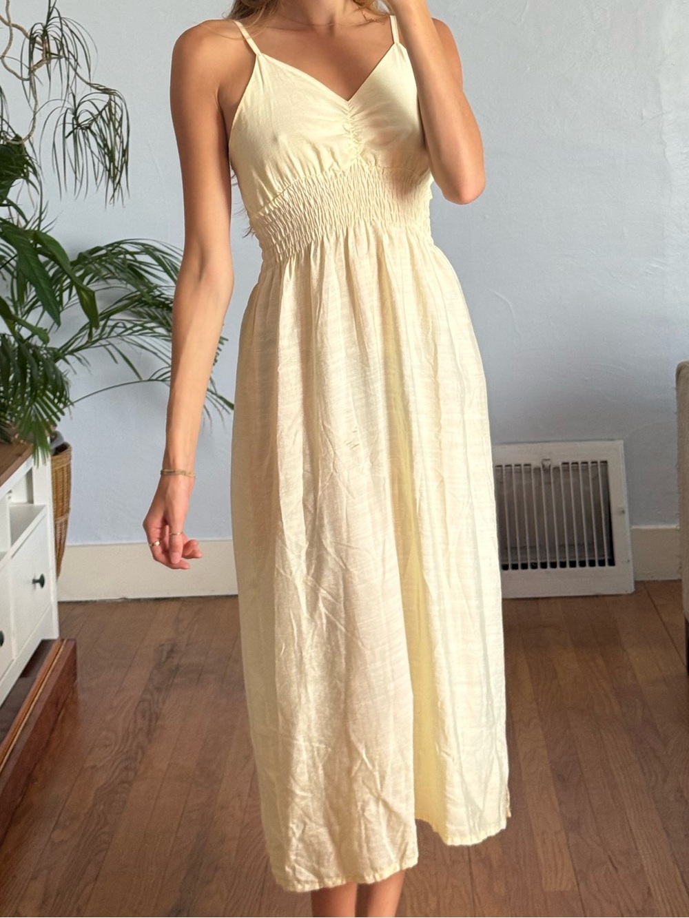 Light Yellow Maxi Dress with Smocked Waist, Spaghetti Straps